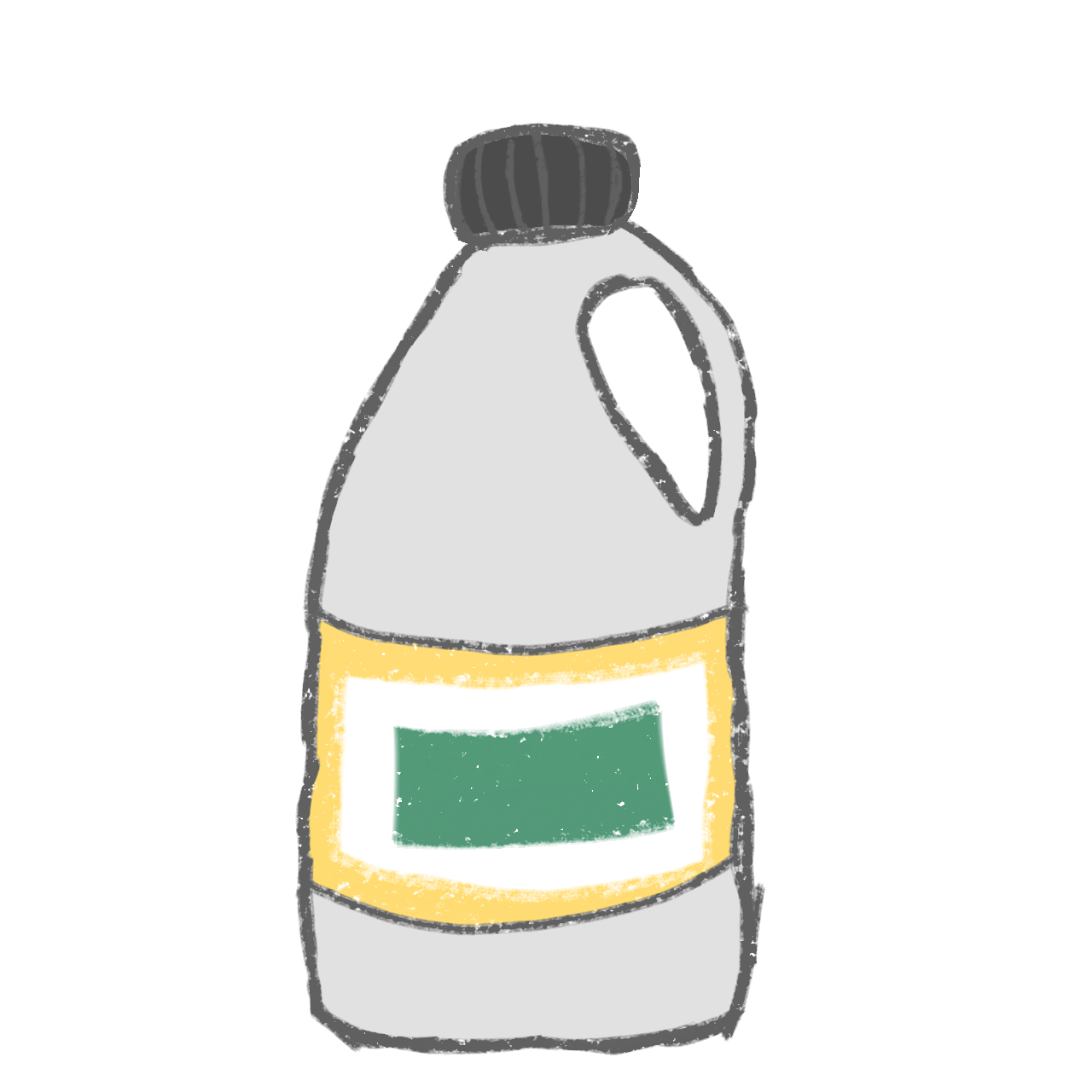 A whiteish grey bottle with a round handle on top, it has a white logo with gold outlines with a green box in the middle, on top is a grey cap. 